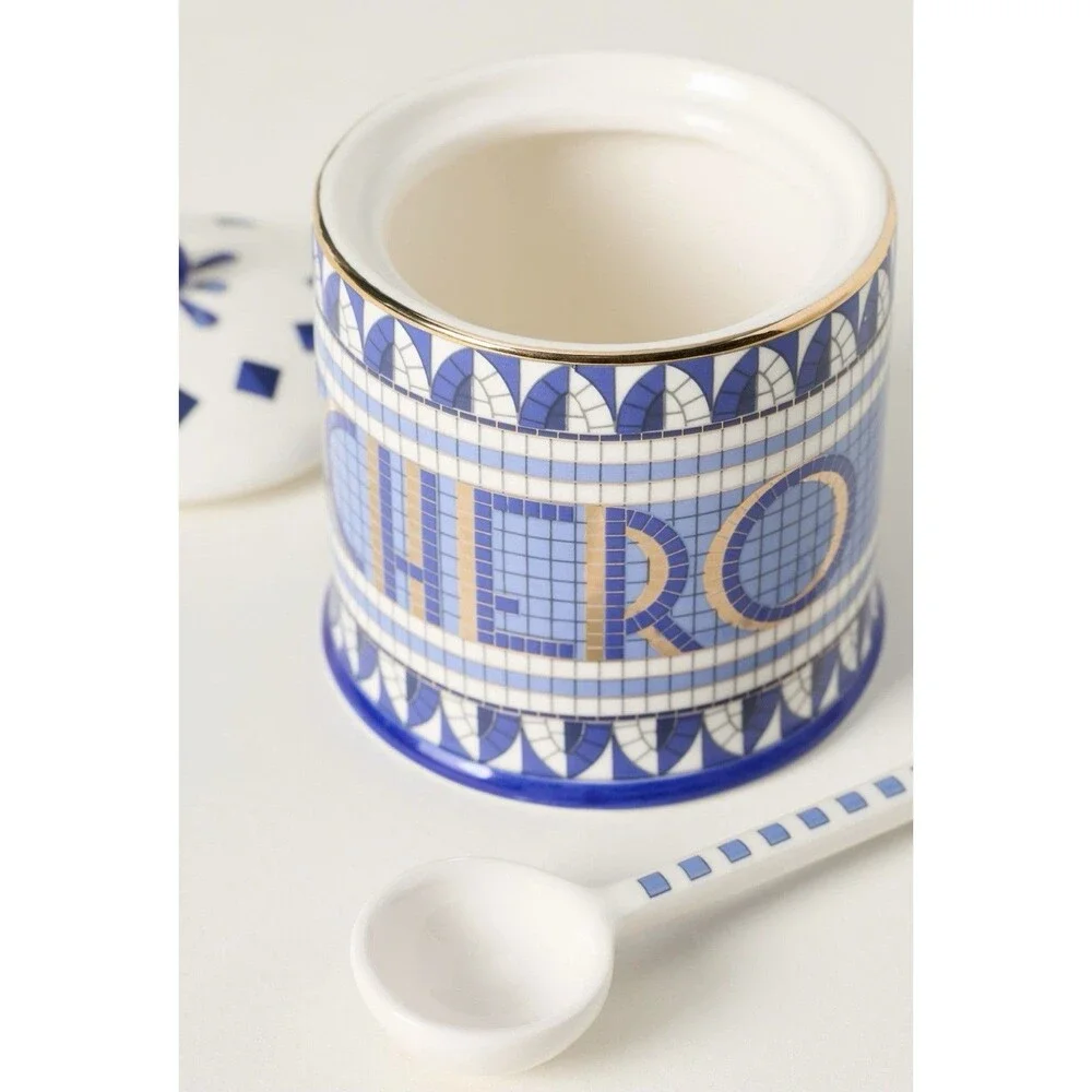 Anthropologie Bistro Tile Sugar Pot & Creamer Set Blue Gold Italia Stoneware NEW